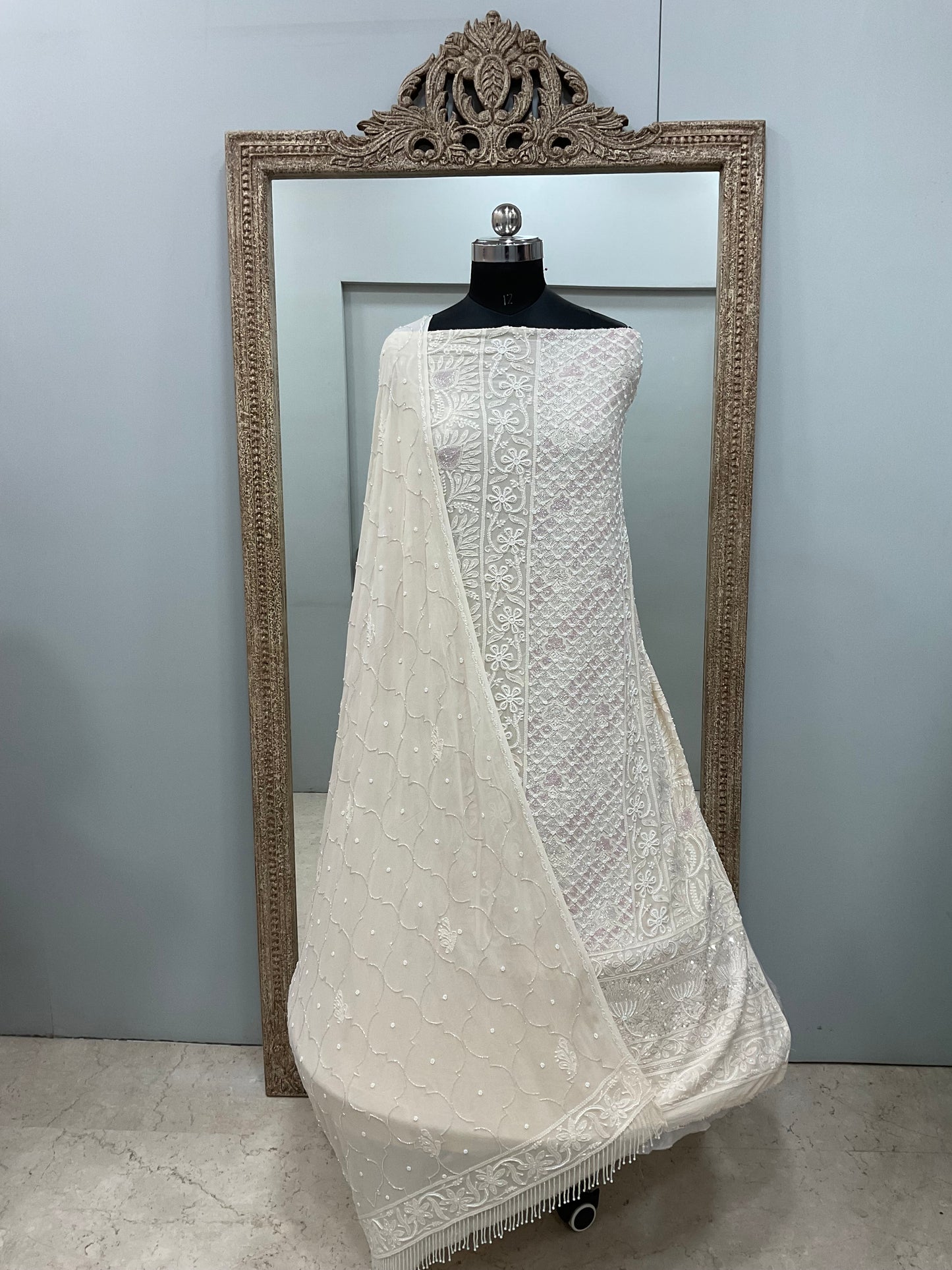 Pure Georgette Heavy Pearl Cutdana and Sequence Designer Powder Beige