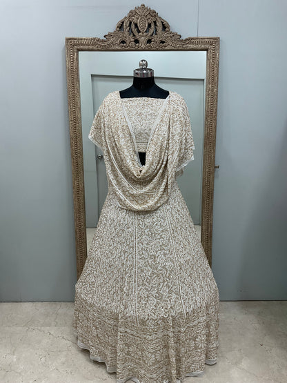 Pure Georgette Lehenga Heavy Cutdana and Pearl Work Golden And White