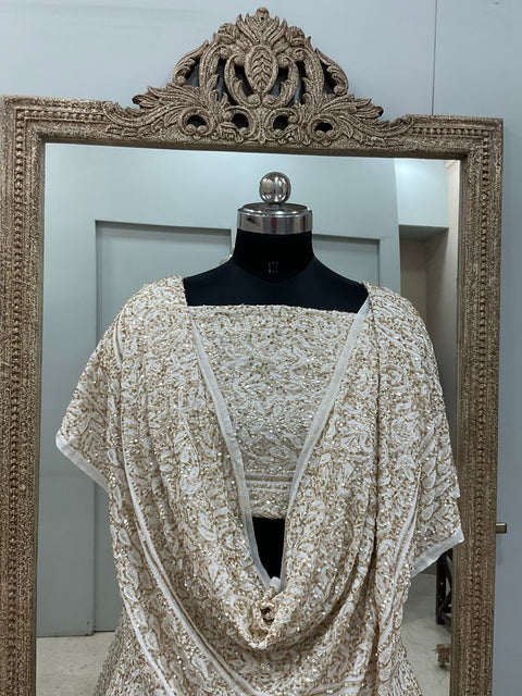 Pure Georgette Lehenga Heavy Cutdana and Pearl Work Golden And White
