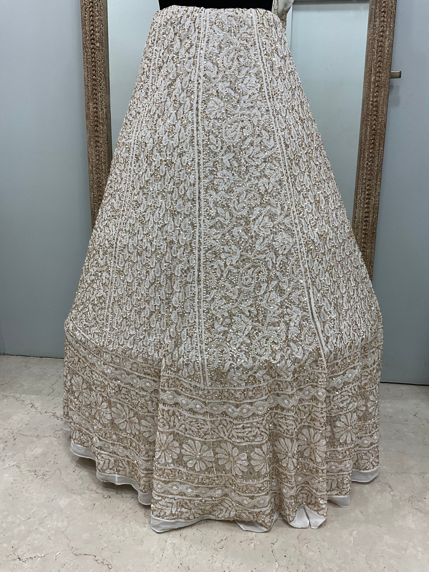Pure Georgette Lehenga Heavy Cutdana and Pearl Work Golden And White