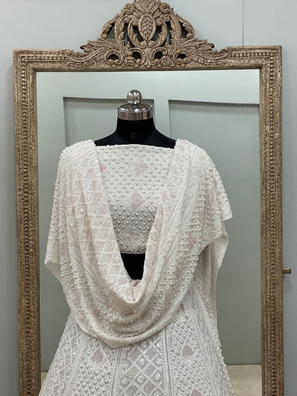 Pure Georgette Lehenga Heavy Sequnce,Cutdana and Pearl Work White