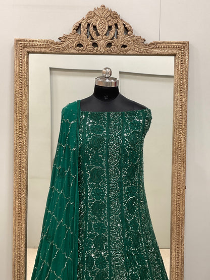 Pure Georgette Anarkali Heavy Pearl, Cutdana and Sequence Green