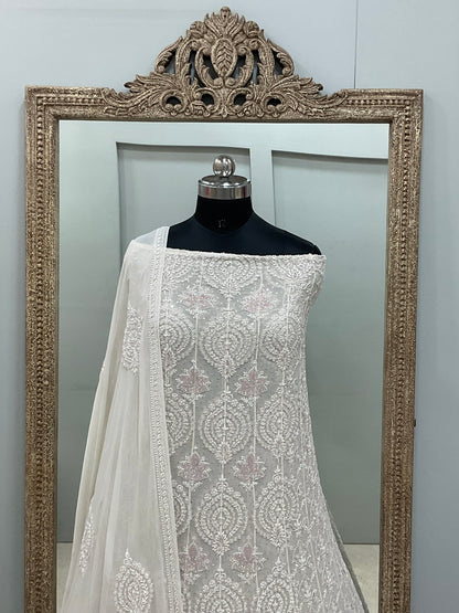 Superfine Pure Georgette Anarkali Heavy Pearl, Cutdana and Sequence Work Off White