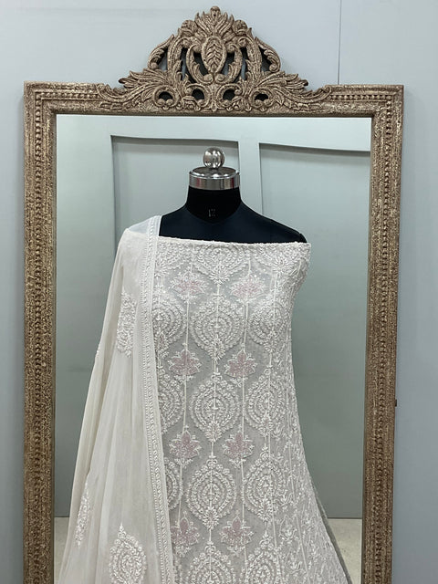 Superfine Pure Georgette Anarkali Heavy Pearl, Cutdana and Sequence Work Off White