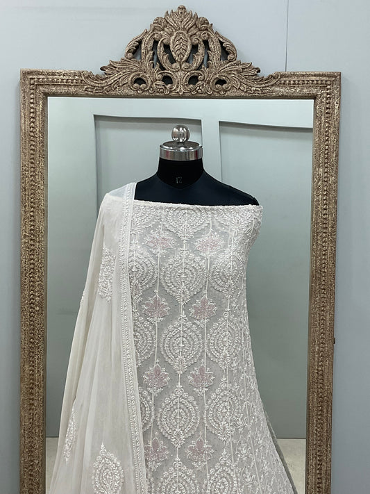 Superfine Pure Georgette Anarkali Heavy Pearl, Cutdana and Sequence Work Off White