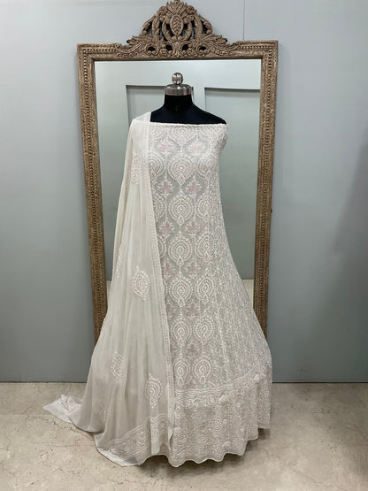 Superfine Pure Georgette Anarkali Heavy Pearl, Cutdana and Sequence Work Off White