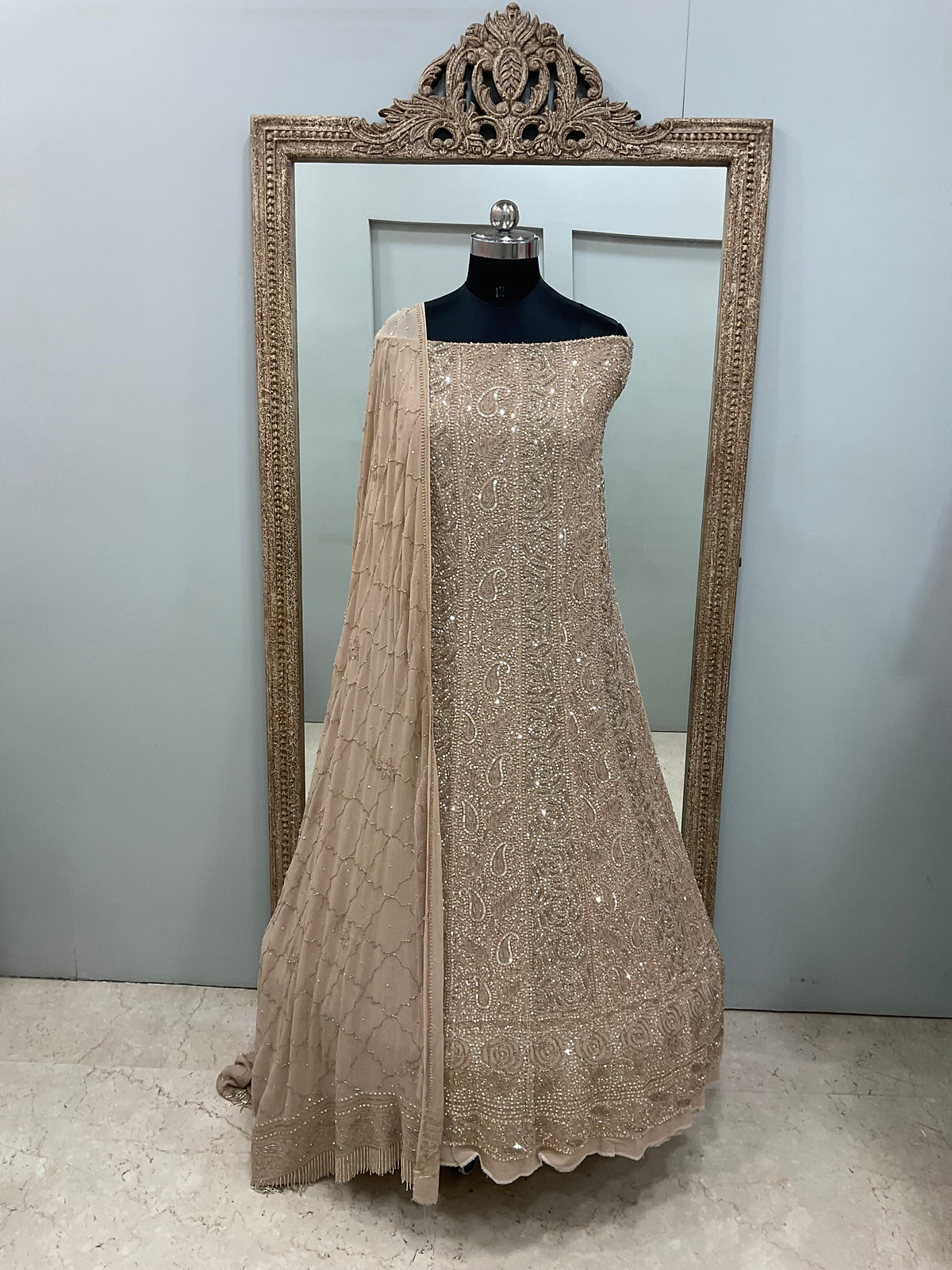 Pure Georgette Anarkali Heavy Pearl, Cutdana and Sequence Golden