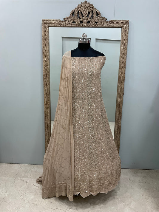 Pure Georgette Anarkali Heavy Pearl, Cutdana and Sequence Golden