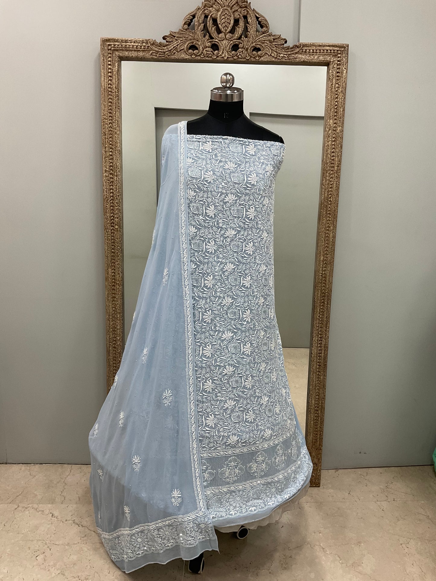 Superfine Pure Georgette Heavy Cutdana Pearl And Sequence Work Designer With  Dupatta Blue