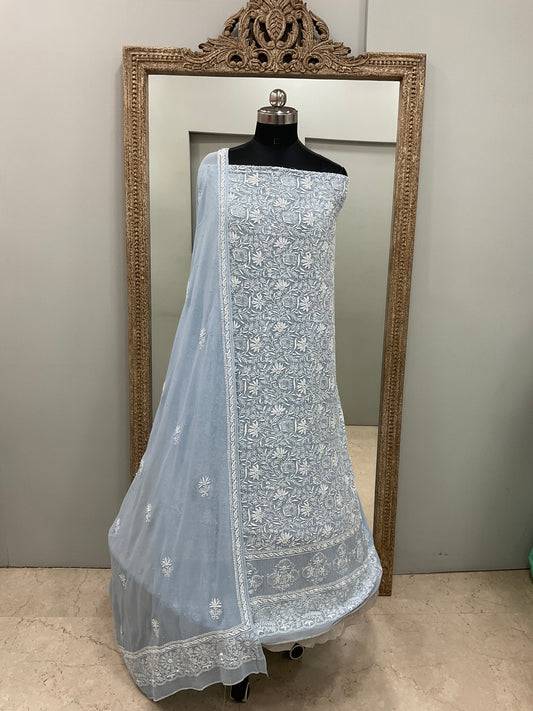 Superfine Pure Georgette Heavy Cutdana Pearl And Sequence Work Designer With  Dupatta Blue
