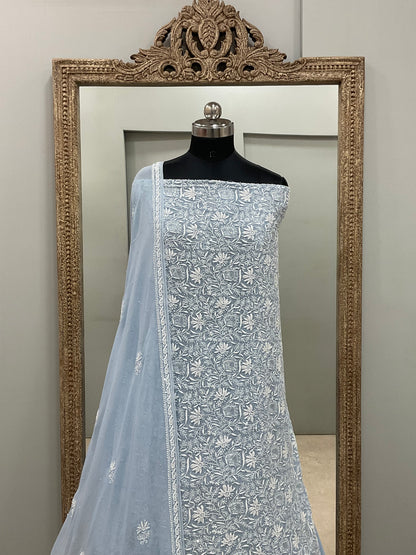 Superfine Pure Georgette Heavy Cutdana Pearl And Sequence Work Designer With  Dupatta Blue