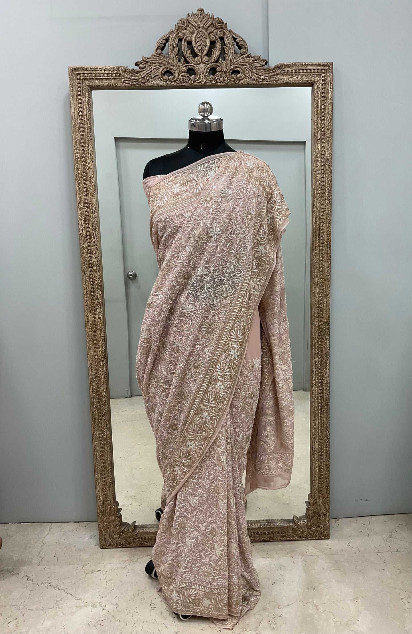 Pure Georgette Saree Superfine Work full jaal with Heavy Cutdana and Sequence Beige