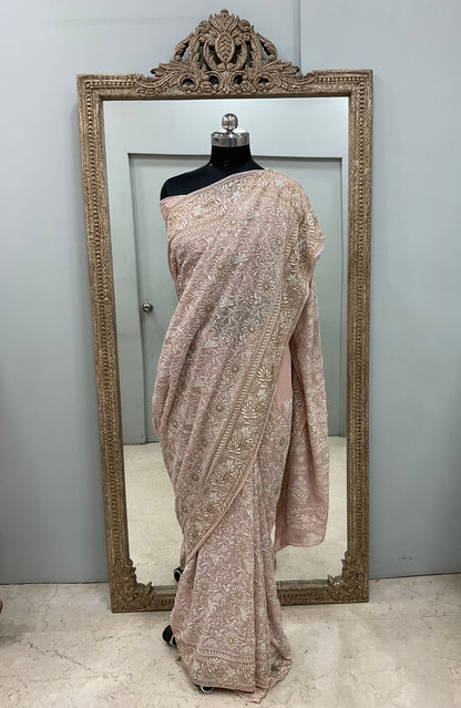 Pure Georgette Saree Superfine Work full jaal with Heavy Cutdana and Sequence Beige