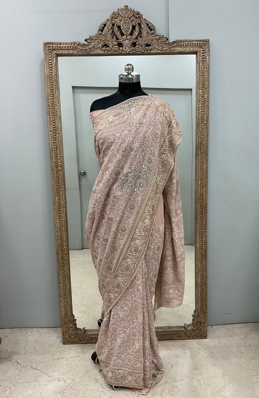 Pure Georgette Saree Superfine Work full jaal with Heavy Cutdana and Sequence Beige