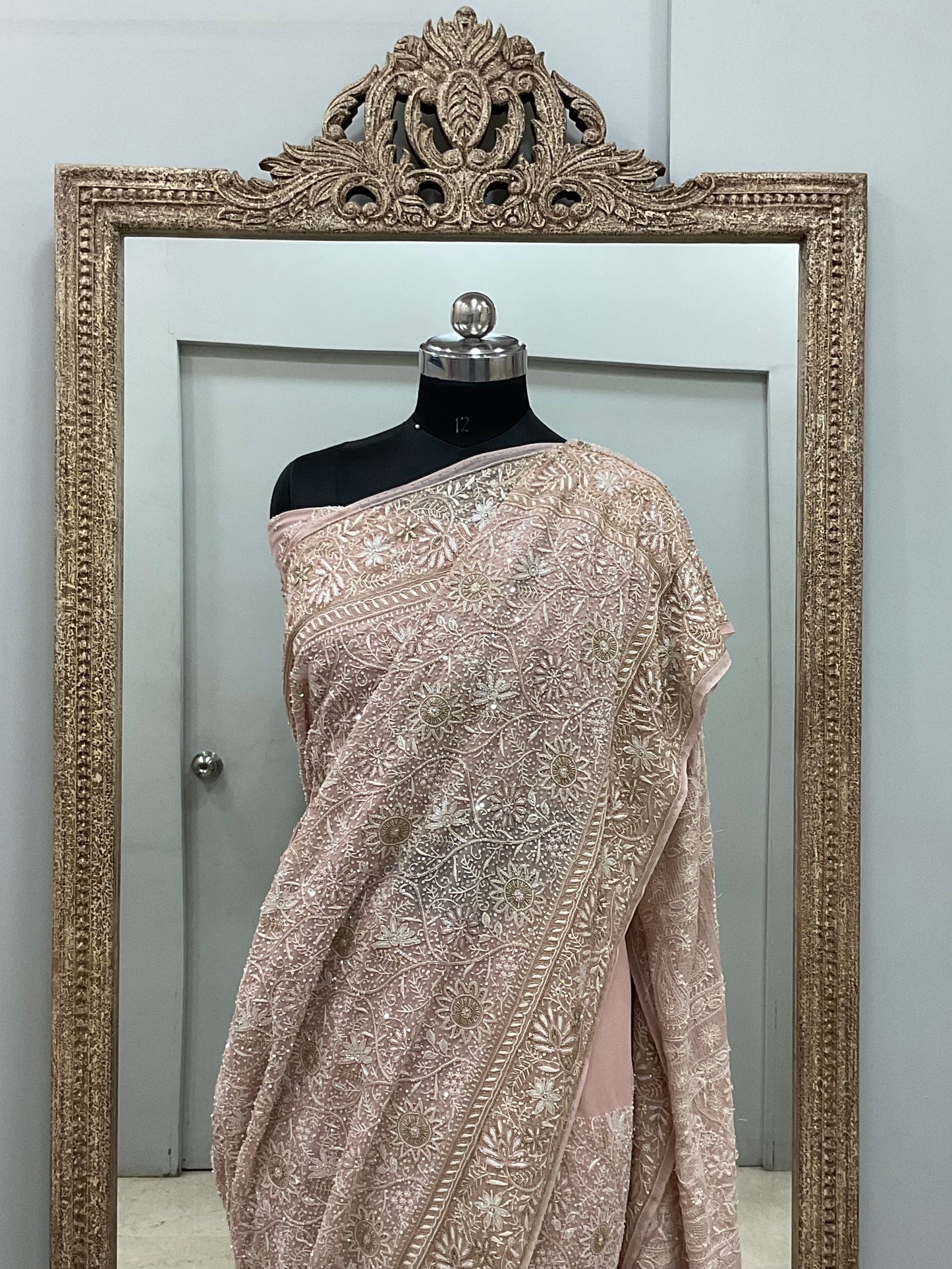 Pure Georgette Saree Superfine Work full jaal with Heavy Cutdana and Sequence Beige