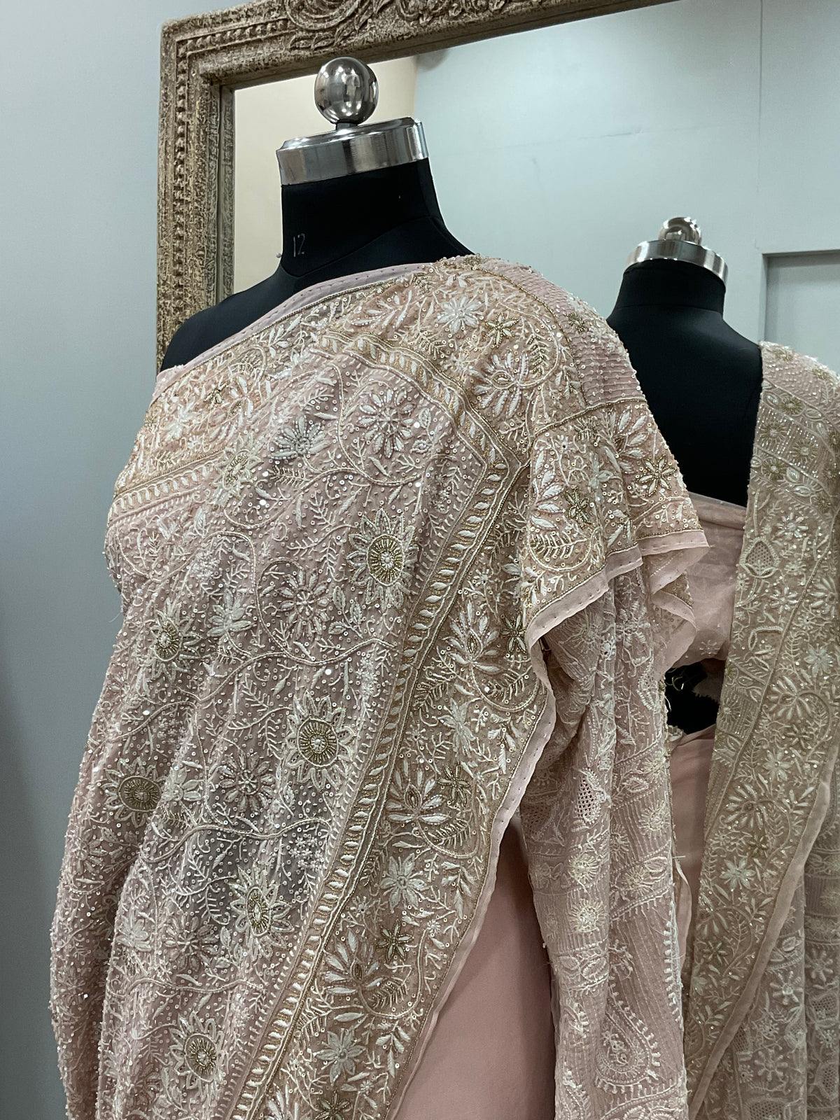 Pure Georgette Saree Superfine Work full jaal with Heavy Cutdana and Sequence Beige
