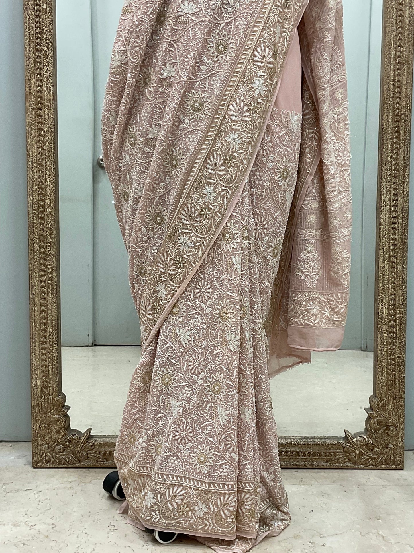 Pure Georgette Saree Superfine Work full jaal with Heavy Cutdana and Sequence Beige