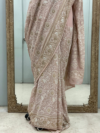 Pure Georgette Saree Superfine Work full jaal with Heavy Cutdana and Sequence Beige