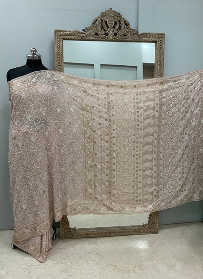 Pure Georgette Saree Superfine Work full jaal with Heavy Cutdana and Sequence Beige