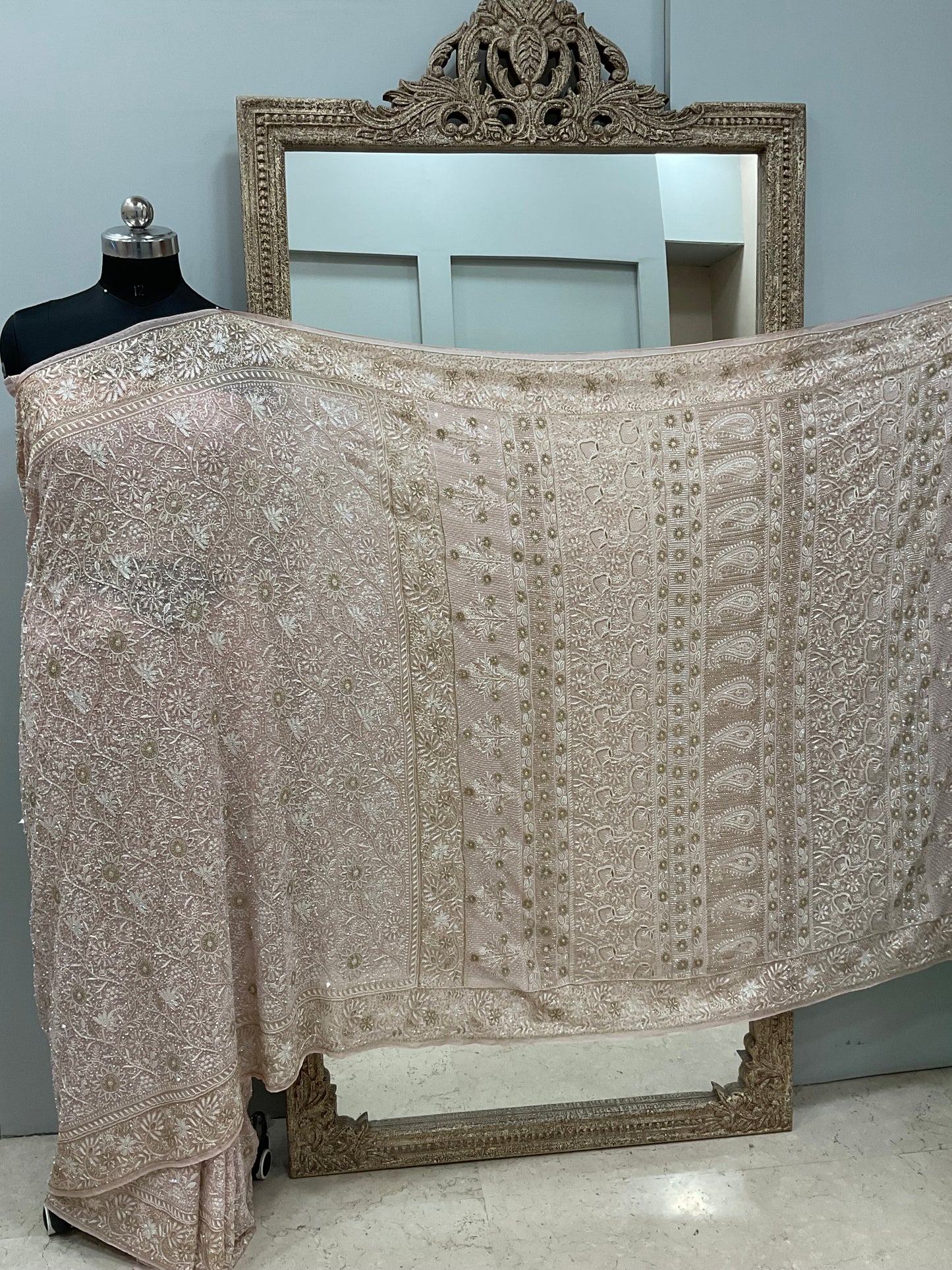 Pure Georgette Saree Superfine Work full jaal with Heavy Cutdana and Sequence Beige