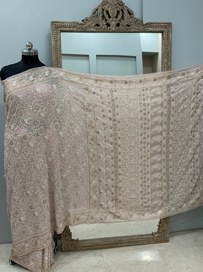 Pure Georgette Saree Superfine Work full jaal with Heavy Cutdana and Sequence Beige