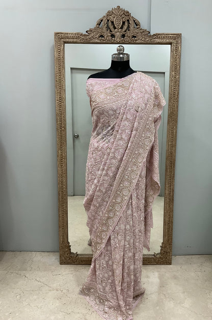 Pure Georgette Saree Superfine Work full jaal with Heavy Cutdana and Sequence Pink