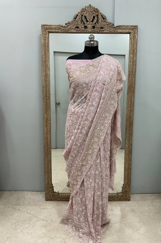 Pure Georgette Saree Superfine Work full jaal with Heavy Cutdana and Sequence Pink