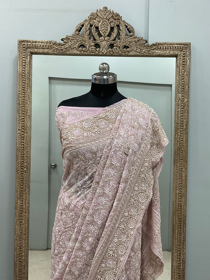 Pure Georgette Saree Superfine Work full jaal with Heavy Cutdana and Sequence Pink