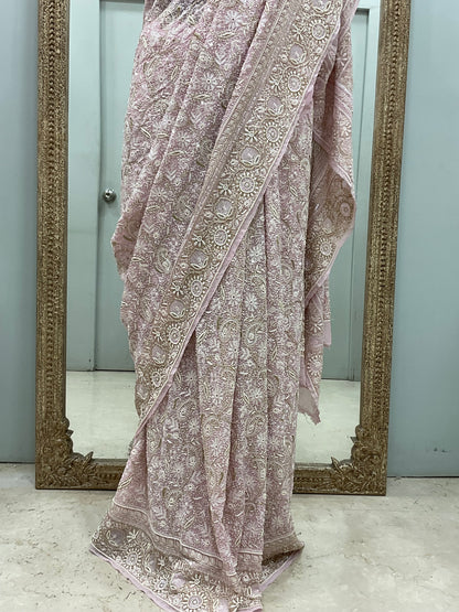 Pure Georgette Saree Superfine Work full jaal with Heavy Cutdana and Sequence Pink