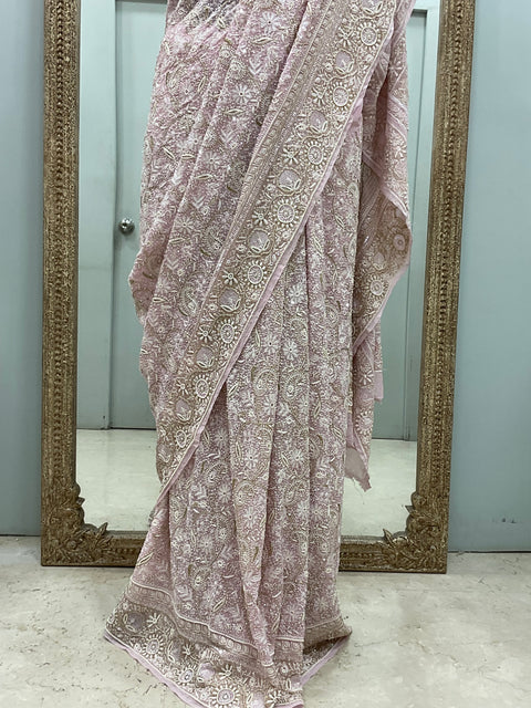 Pure Georgette Saree Superfine Work full jaal with Heavy Cutdana and Sequence Pink