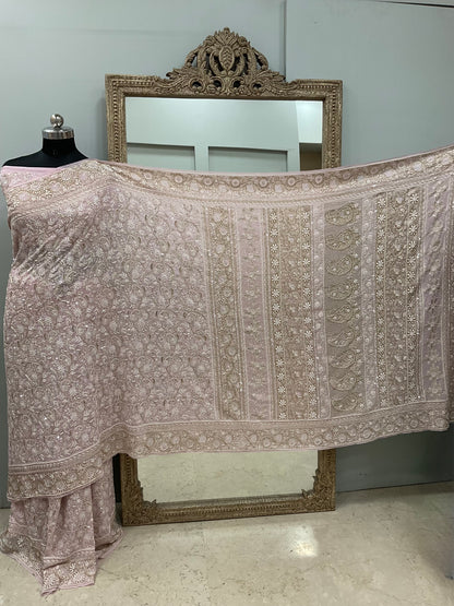 Pure Georgette Saree Superfine Work full jaal with Heavy Cutdana and Sequence Pink