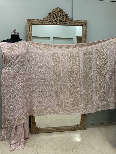 Pure Georgette Saree Superfine Work full jaal with Heavy Cutdana and Sequence Pink