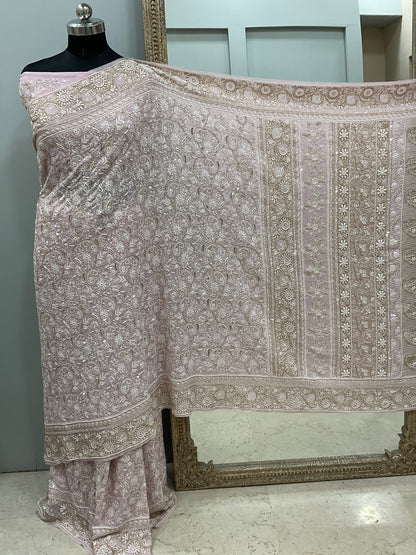 Pure Georgette Saree Superfine Work full jaal with Heavy Cutdana and Sequence Pink