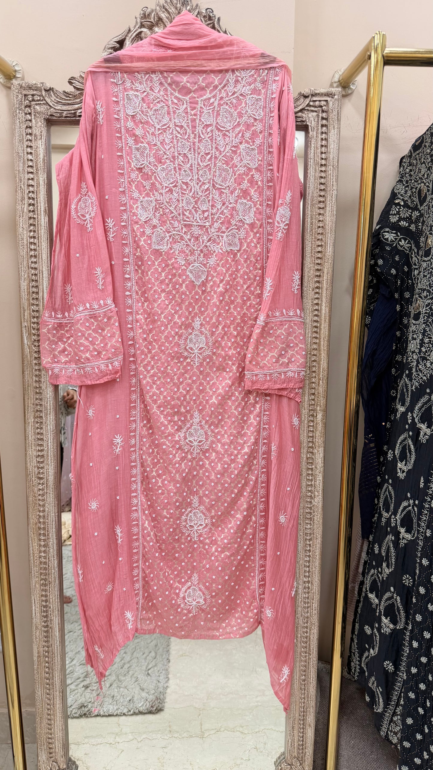 Pure Mulmul Cotton Semistiched Kurta Pearl And Addon Work With Dupatta Peach