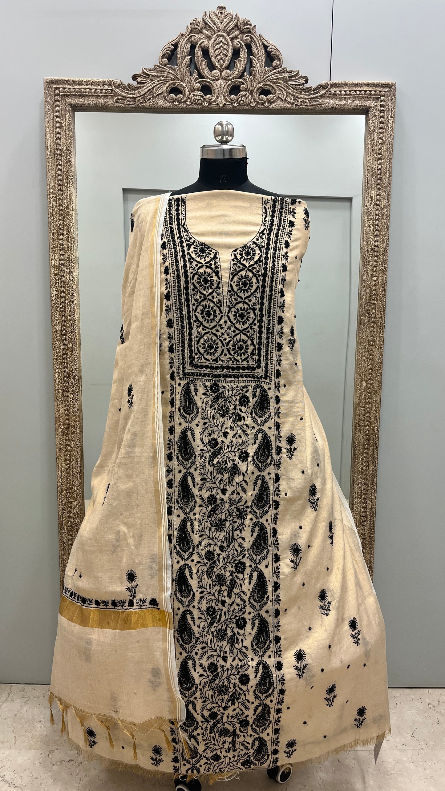 Tissue Straight with Cutdana and Pearl Beige Golden With BLack Emroidery