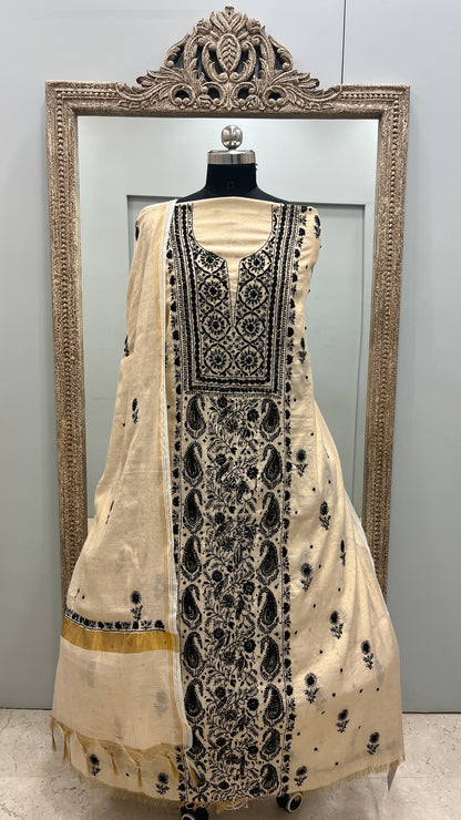 Tissue Straight with Cutdana and Pearl Beige Golden With BLack Emroidery