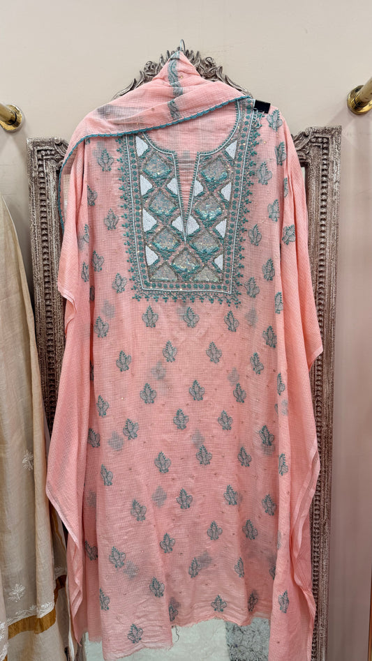 Kota Straight Shirt Cutdana And Pearl Work With Dupatta Pink