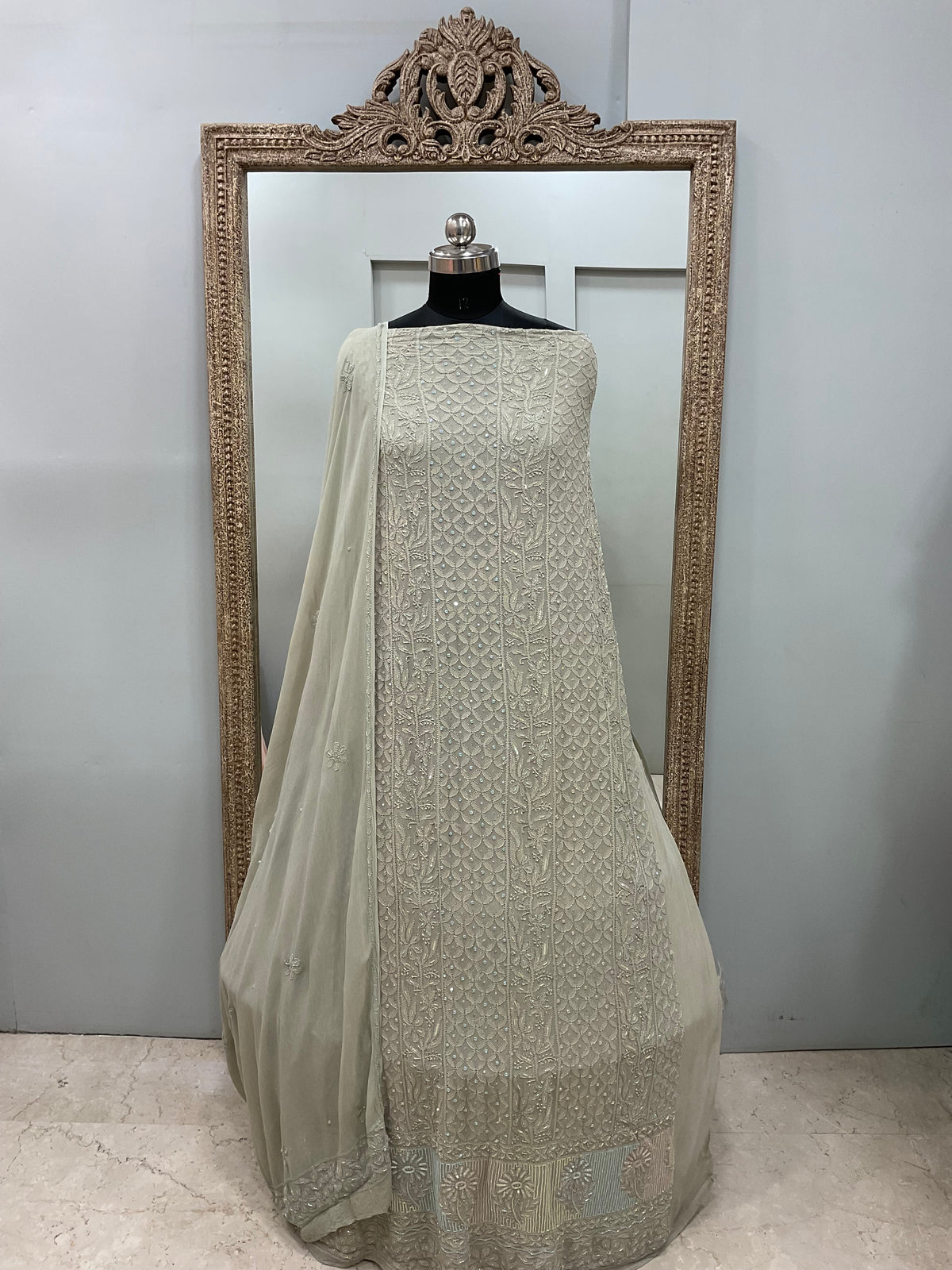 Cutdana Straight with Heavy Pearl Work Gray