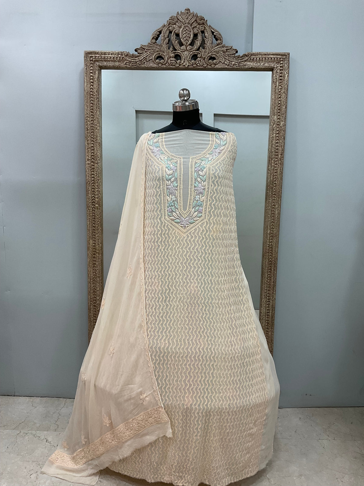 Parsi Gala Straight with Heavy Cutdana Work Beige