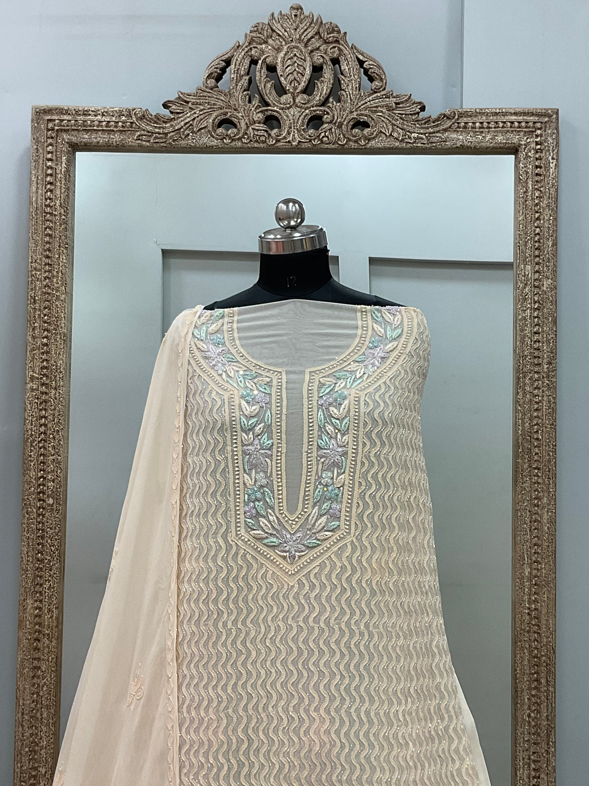 Parsi Gala Straight with Heavy Cutdana Work Beige