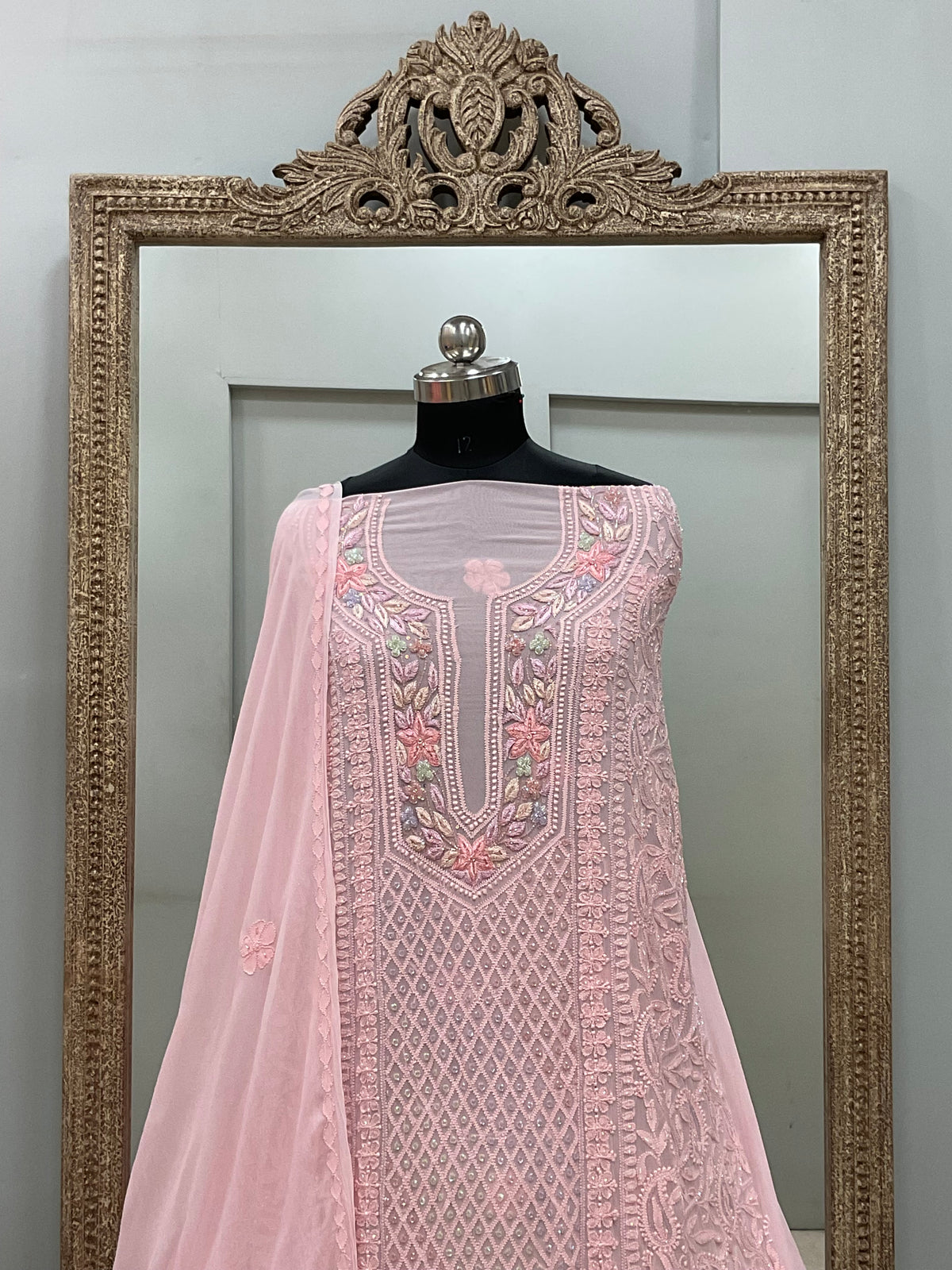 Parsi Gala Straight with Heavy Cutdana Work Pink