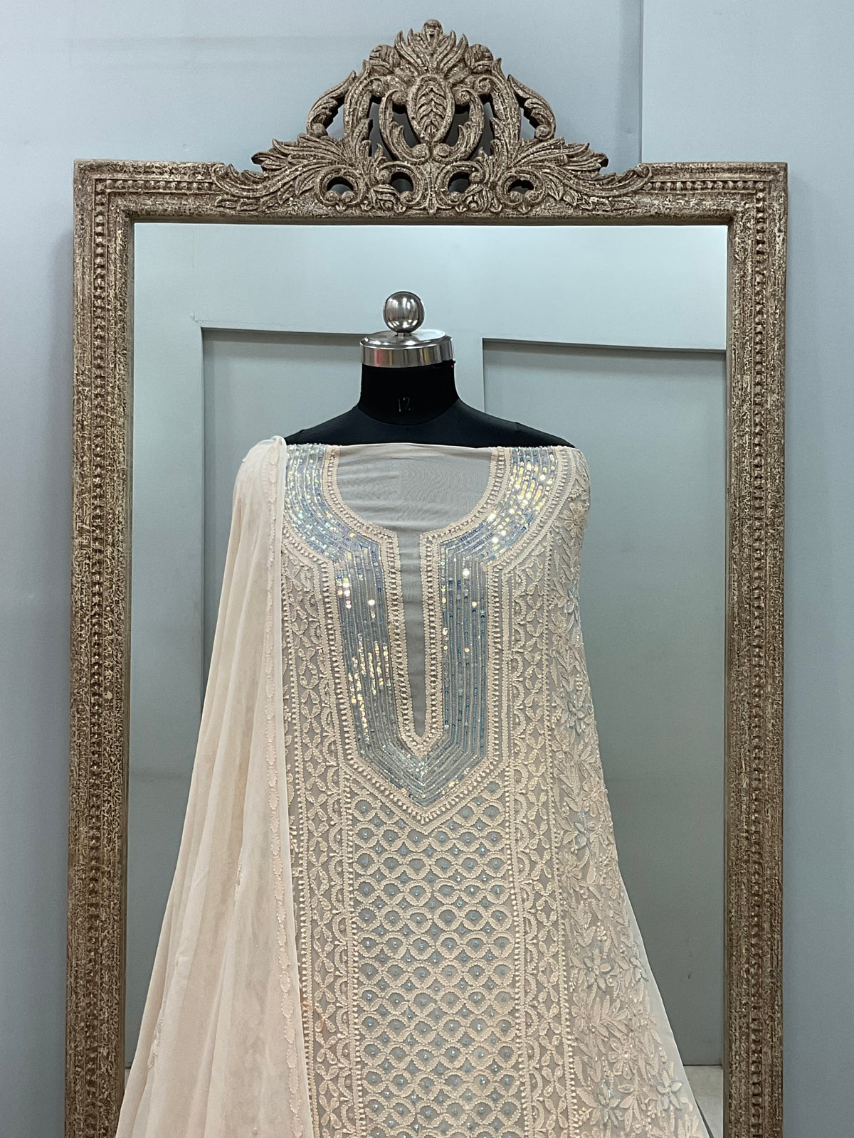 Parsi Gala Straight with Heavy Cutdana Work Beige