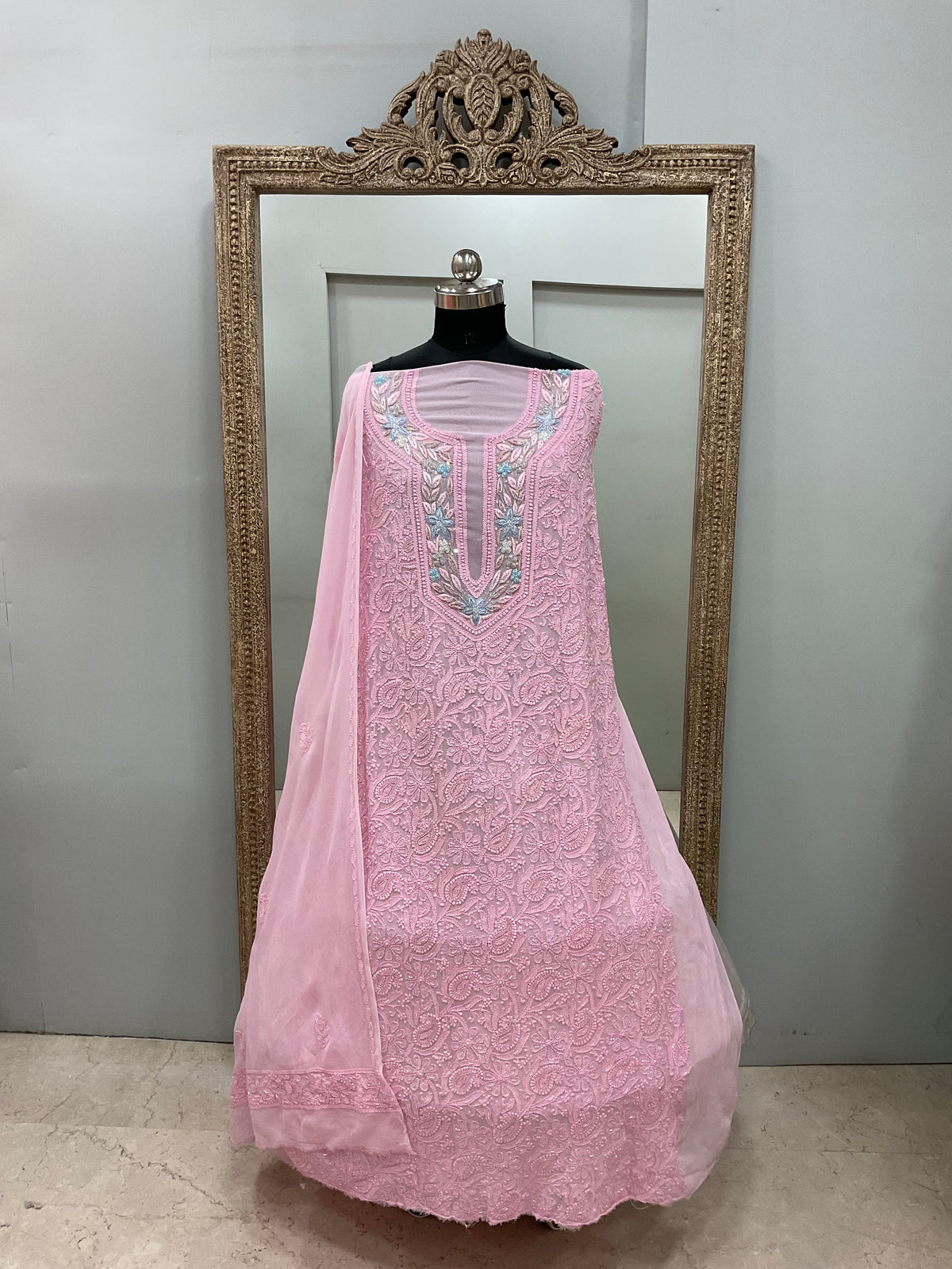 Parsi Gala Straight with Heavy Cutdana Work Pink
