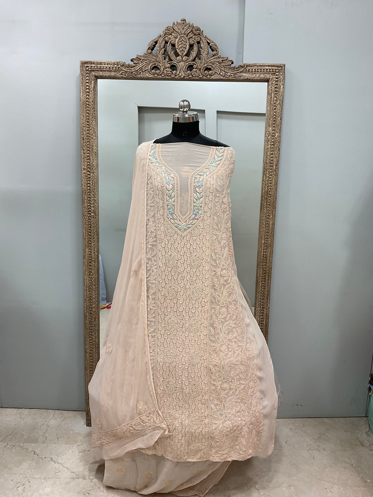Parsi Gala Straight with Heavy Cutdana Work  Biege