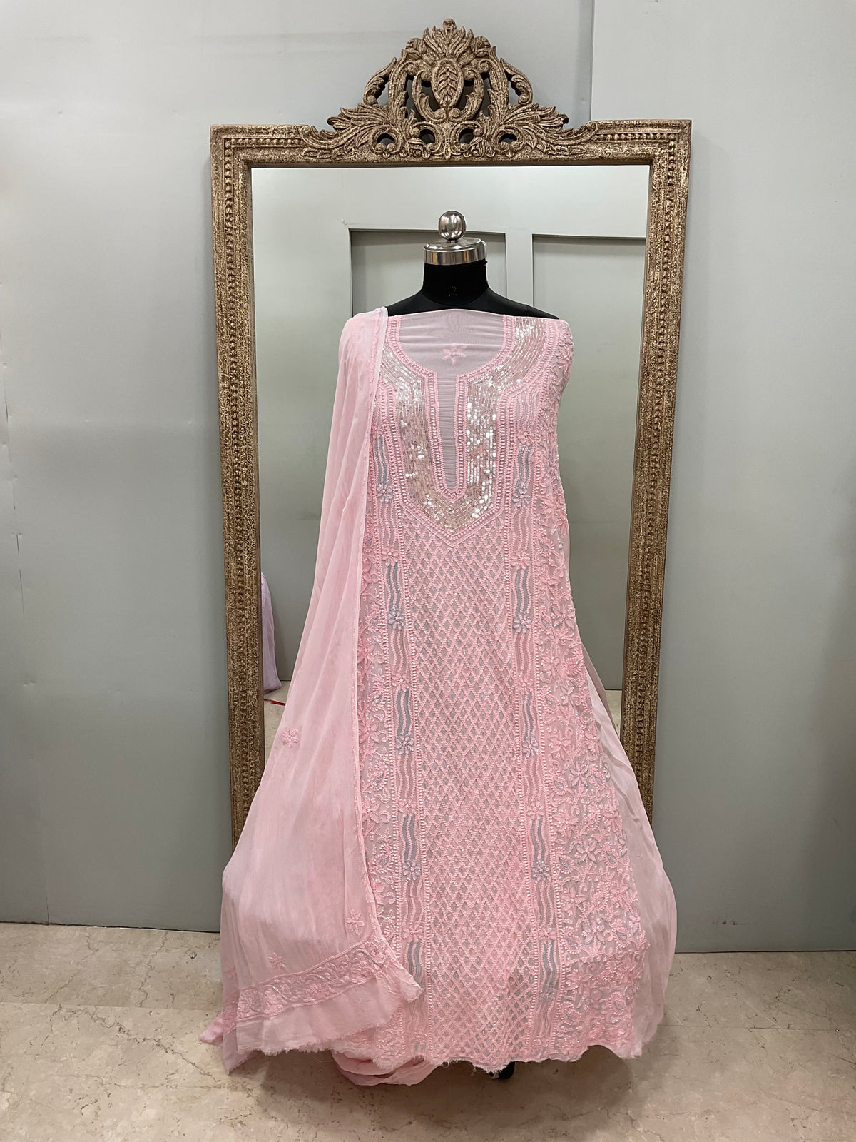 Pearl Gala Straight with Heavy Pearl Work  Pink