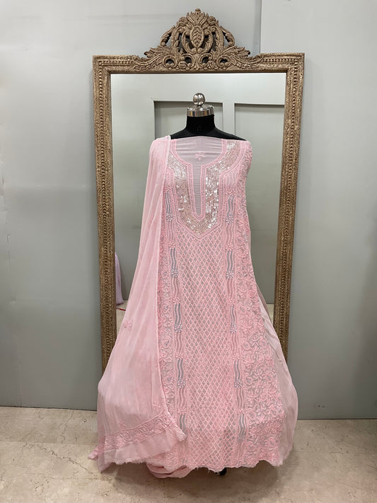 Pearl Gala Straight with Heavy Pearl Work  Pink
