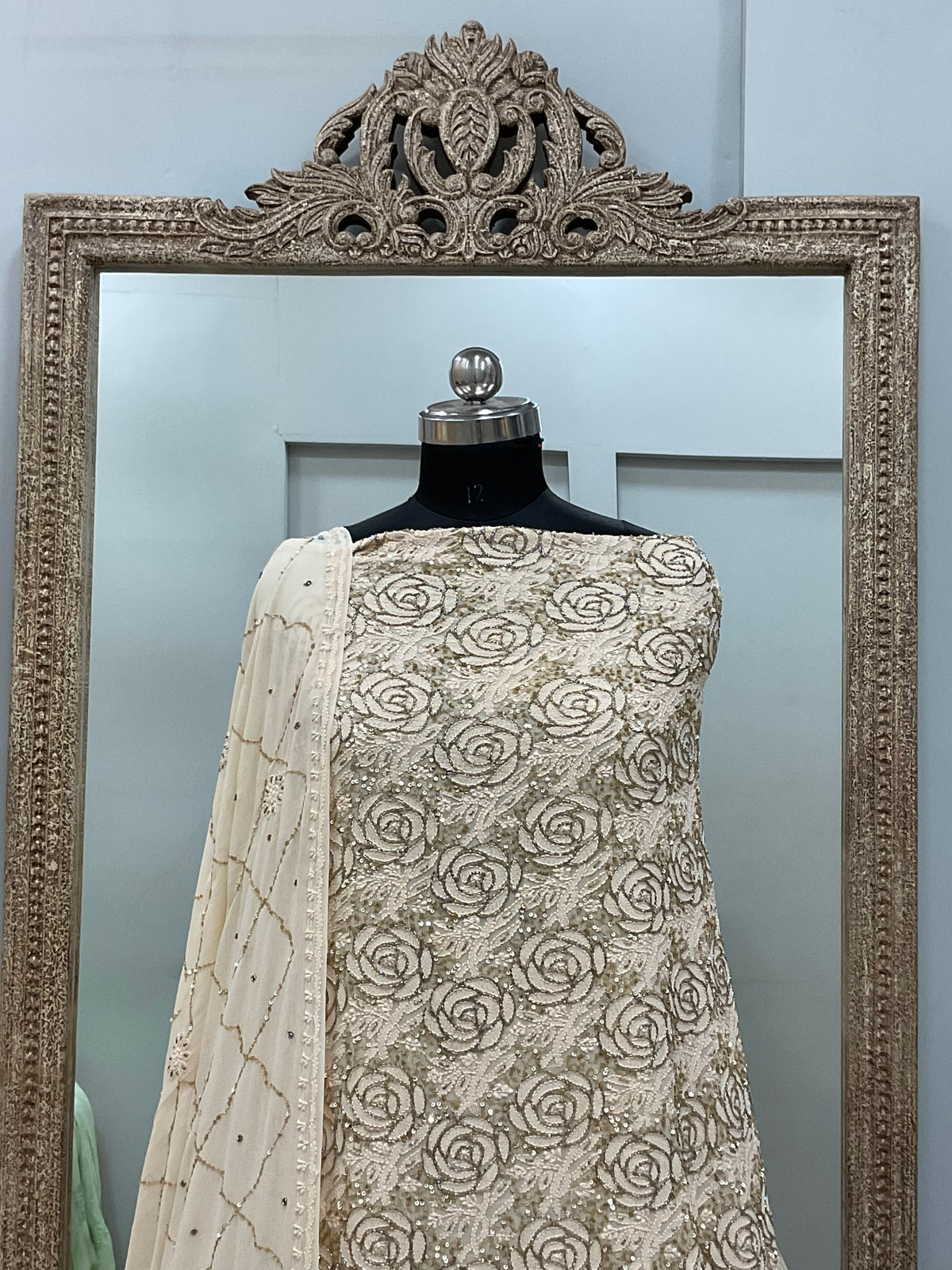 Pure Georgette Heavy Pearl Cutdana and Sequence Designer Beige