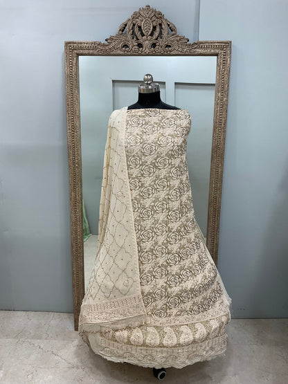 Pure Georgette Heavy Pearl Cutdana and Sequence Designer Beige