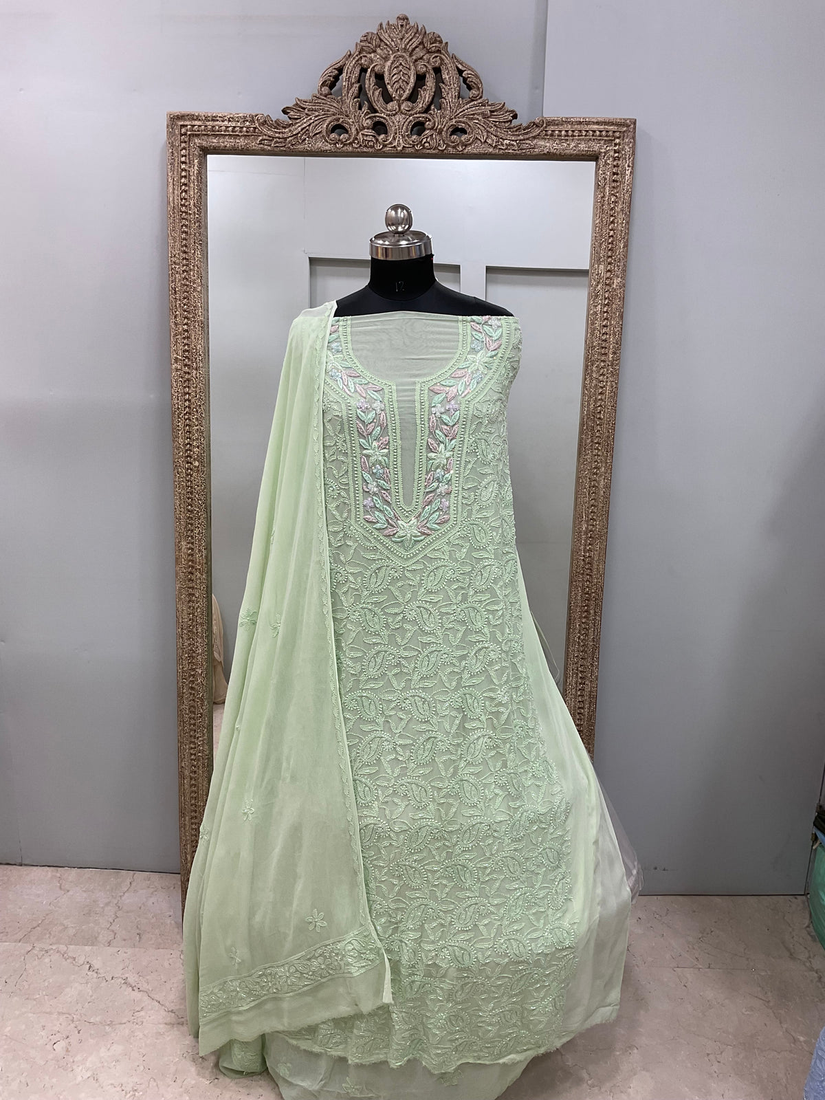 Parsi Gala Straight with Heavy Cutdana Work Green