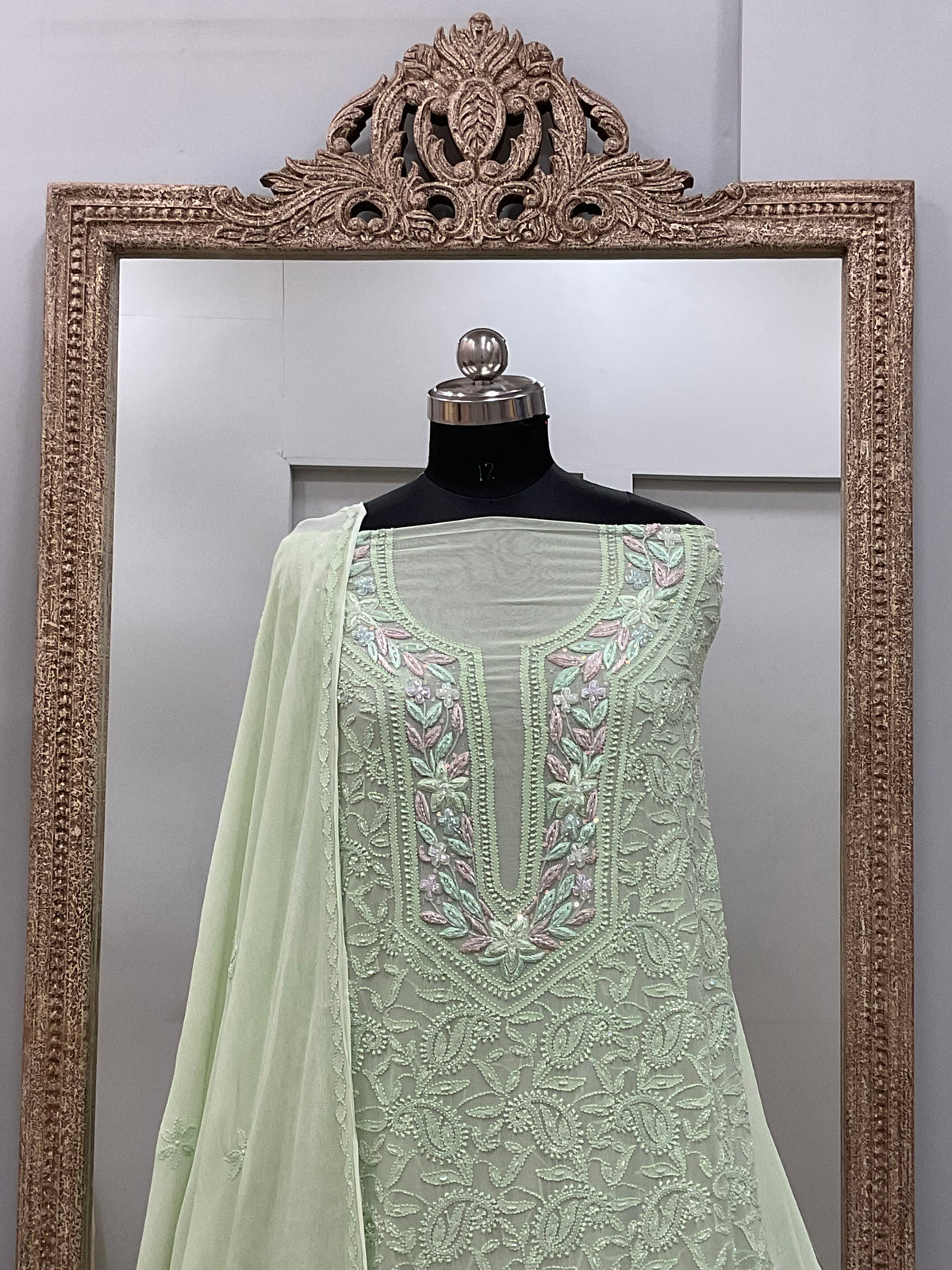 Parsi Gala Straight with Heavy Cutdana Work Green